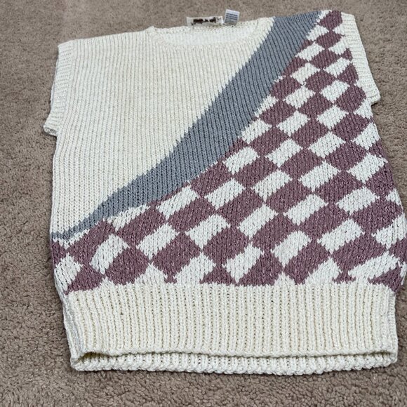 Weathervane Vest Womens M Ivory Mauve 80s Checker Vintage Colorblock Hand Knit - Picture 5 of 6